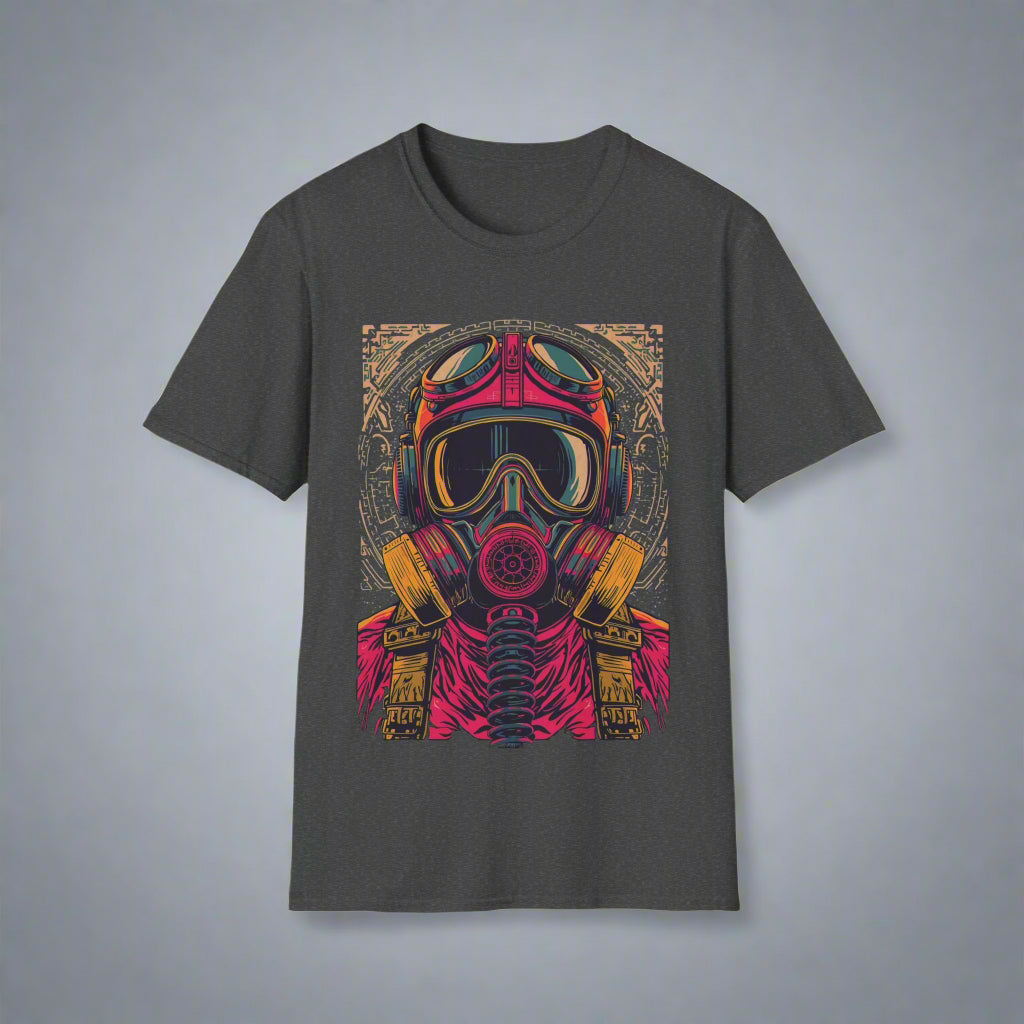 Dark gray t-shirt with a colorful graphic of a helmet and gas mask
