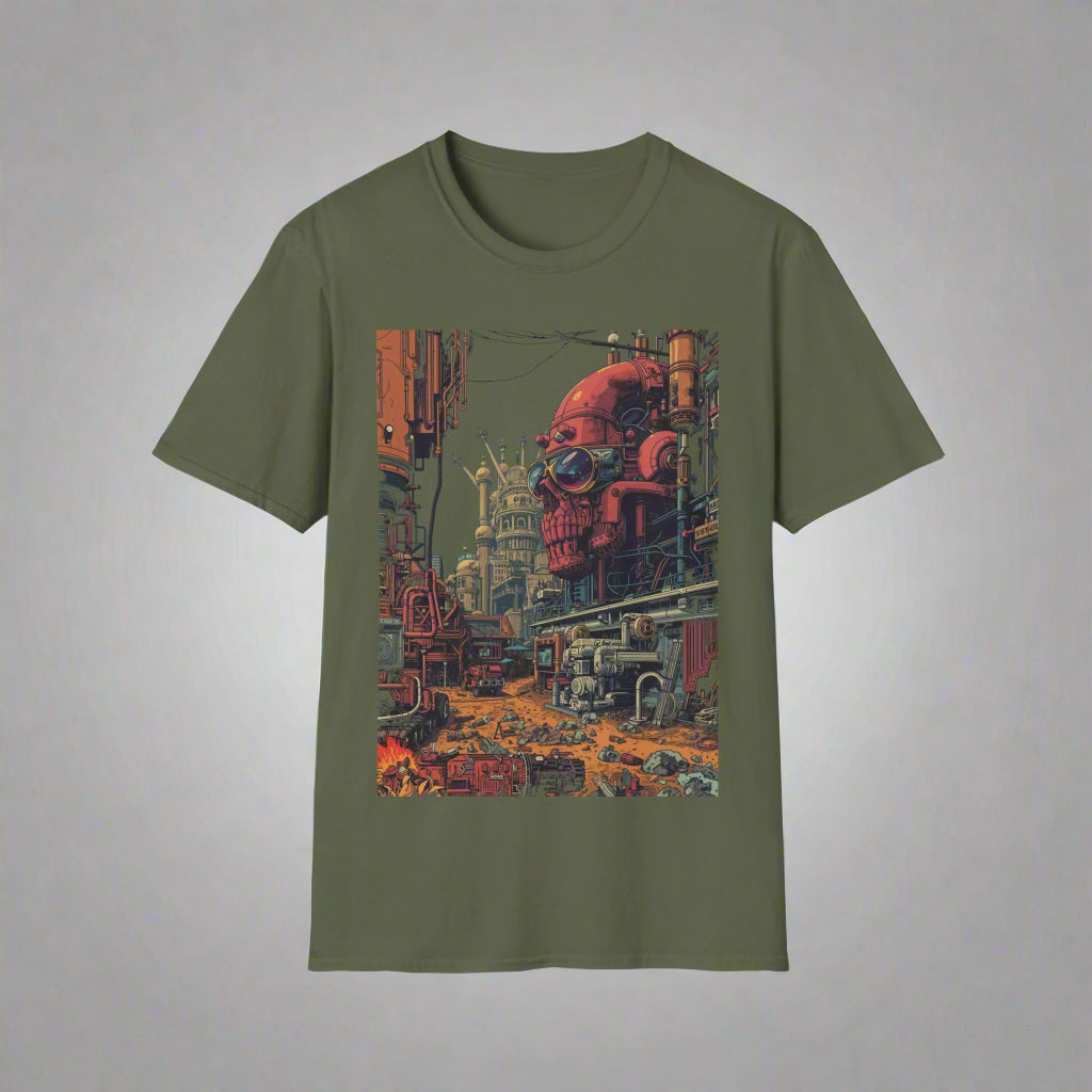 Green t-shirt with a graphic design of a robot head and cityscape