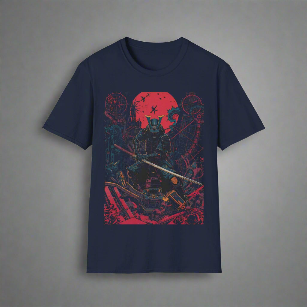 Navy blue t-shirt with red and multicolor graphic design