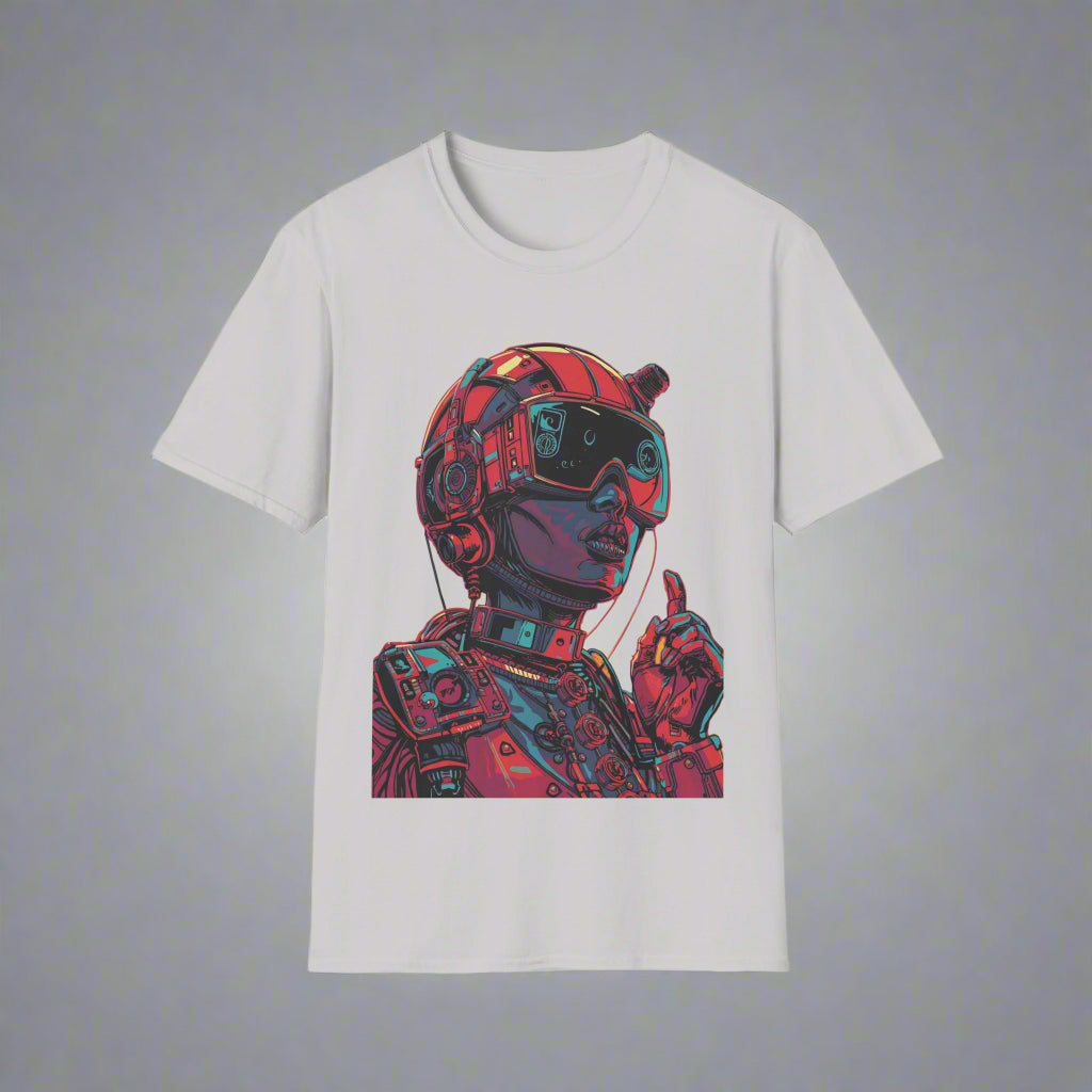 T-shirt with a colorful graphic of a person wearing goggles
