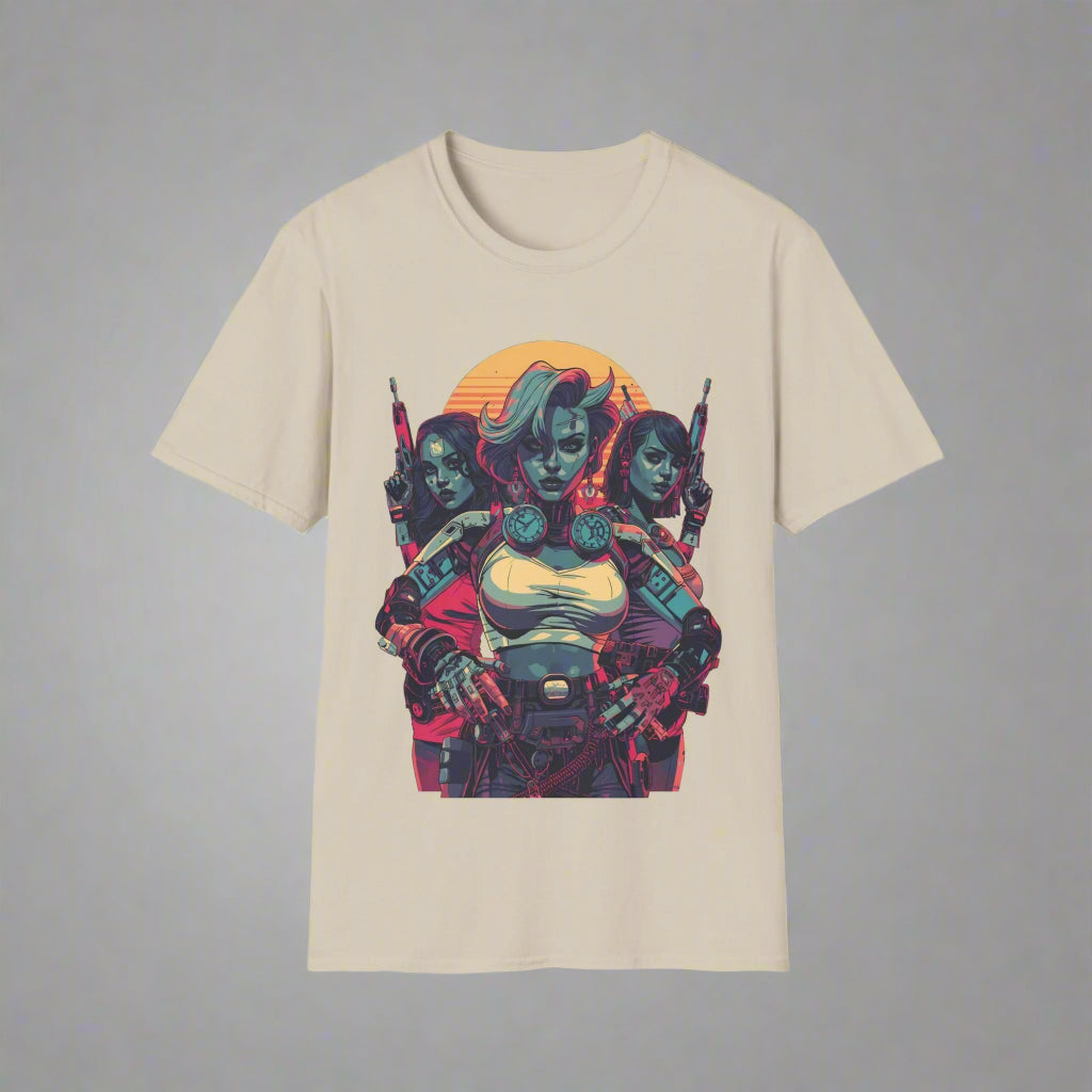 Beige t-shirt with a colorful graphic design of a character holding guns