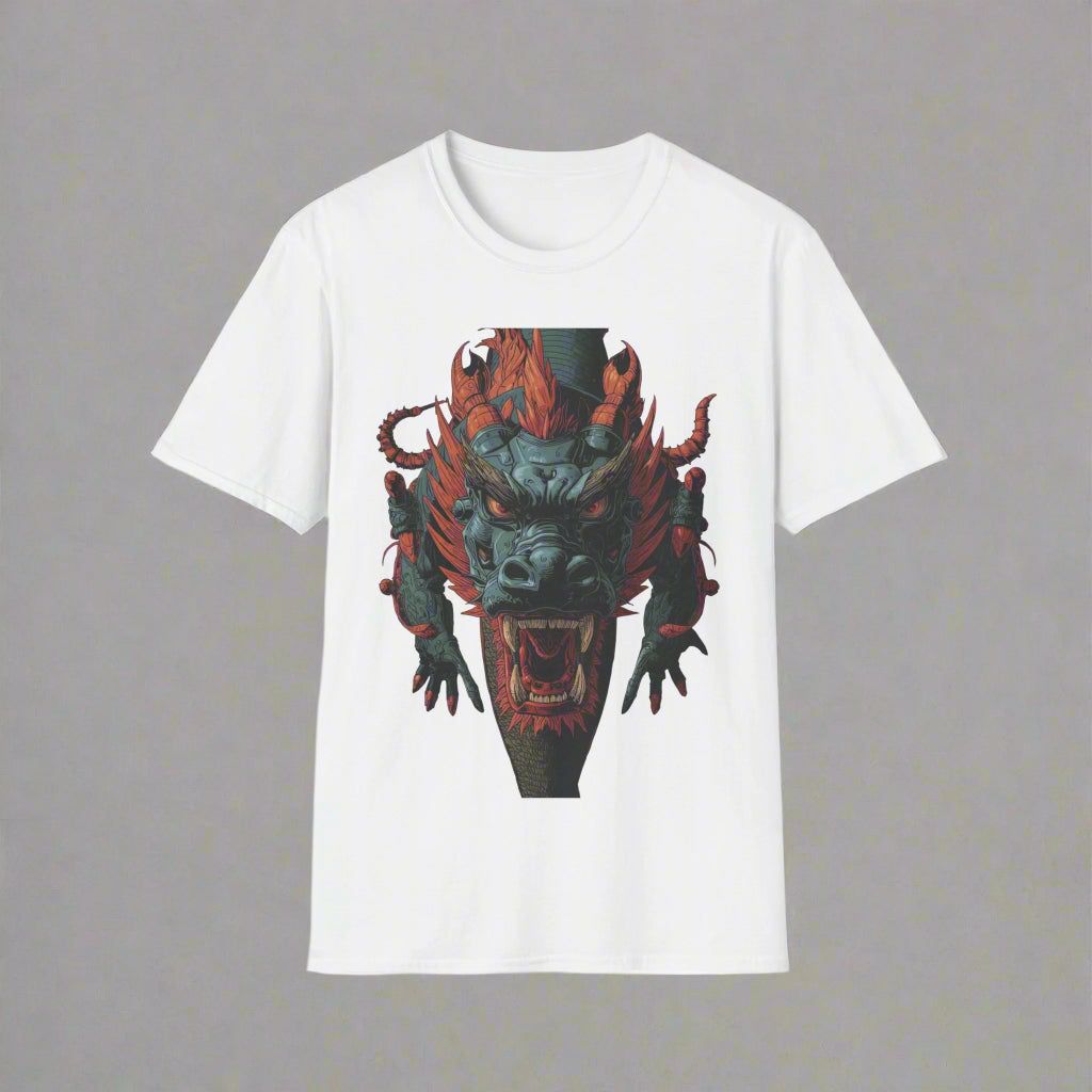 White t-shirt with a dragon graphic design