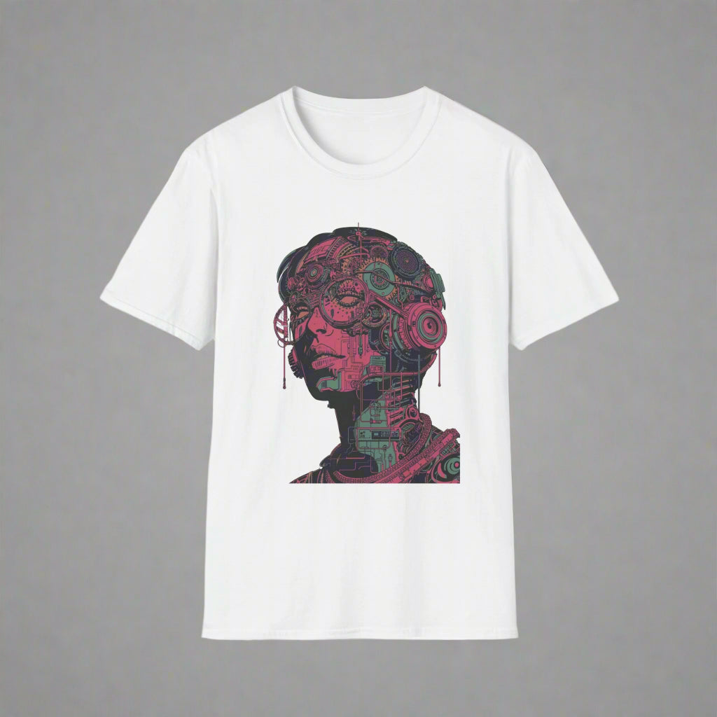 White t-shirt with a colorful graphic of a person wearing headphones
