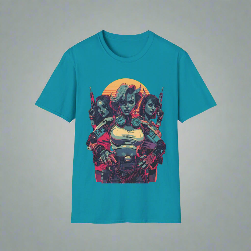 Teal t-shirt with a graphic design of a character holding a gun