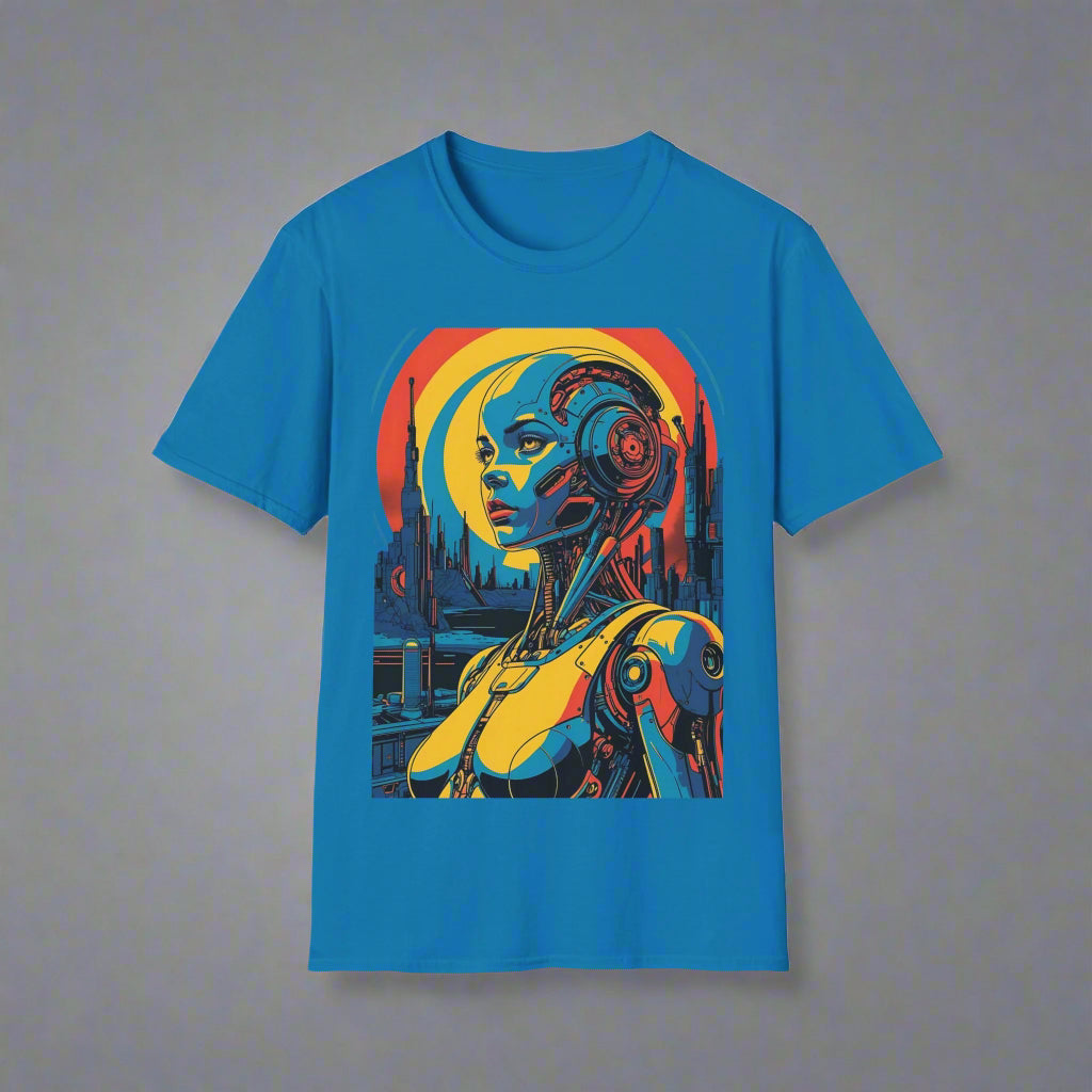 Blue t-shirt with a robot graphic design