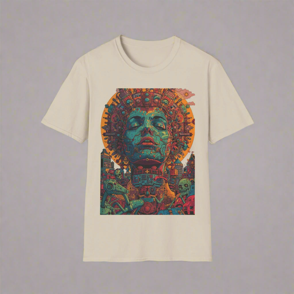 Beige t-shirt with a colorful graphic design