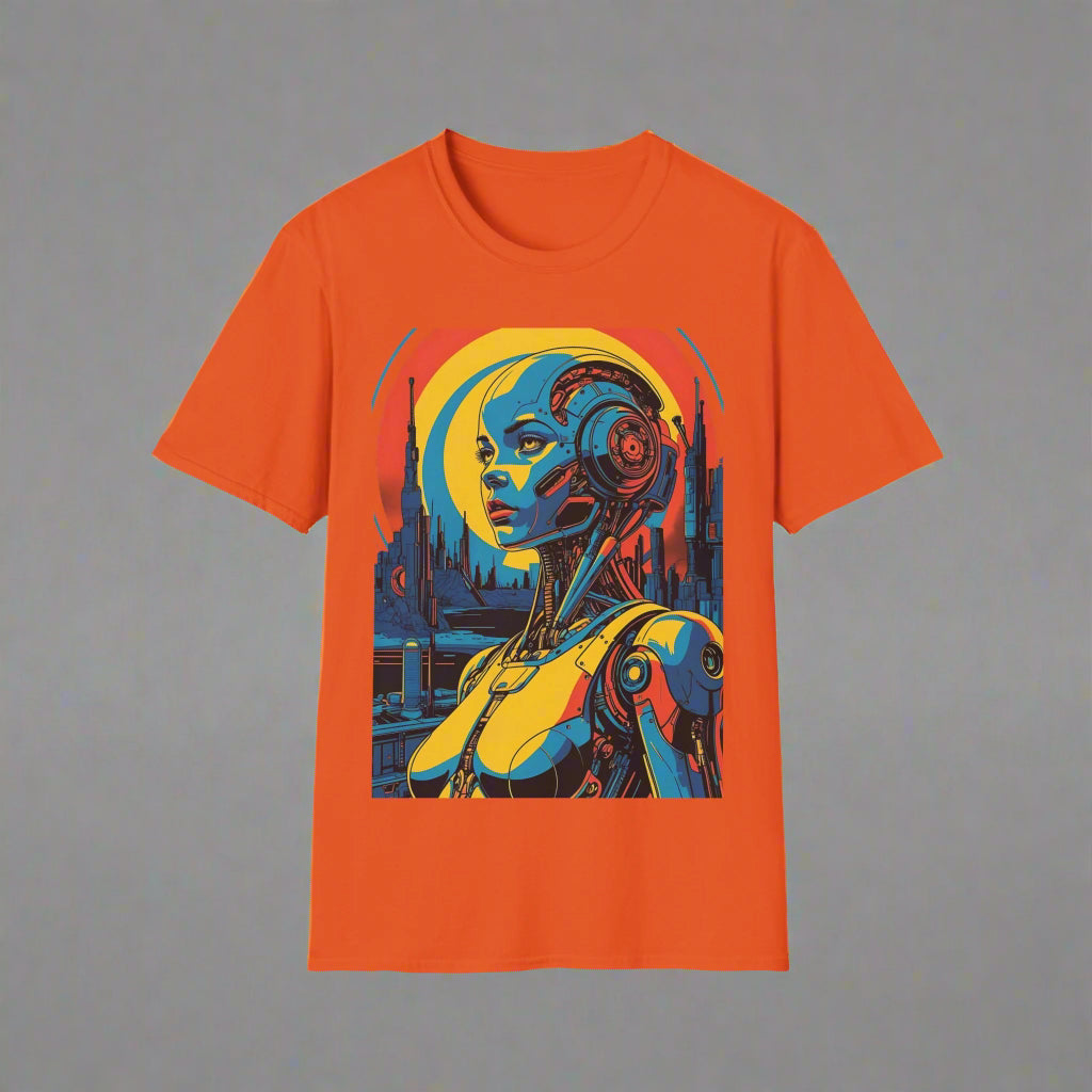 Orange t-shirt with a robot graphic design