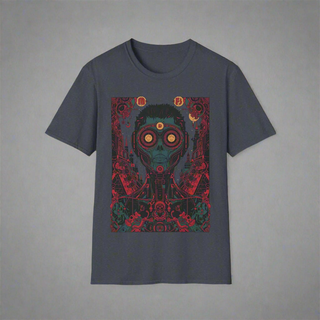 Gray t-shirt with a graphic design of a character with large eyes