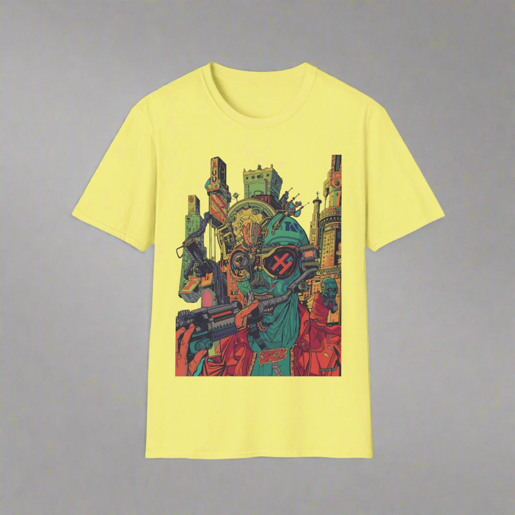 Yellow t-shirt with a colorful graphic design