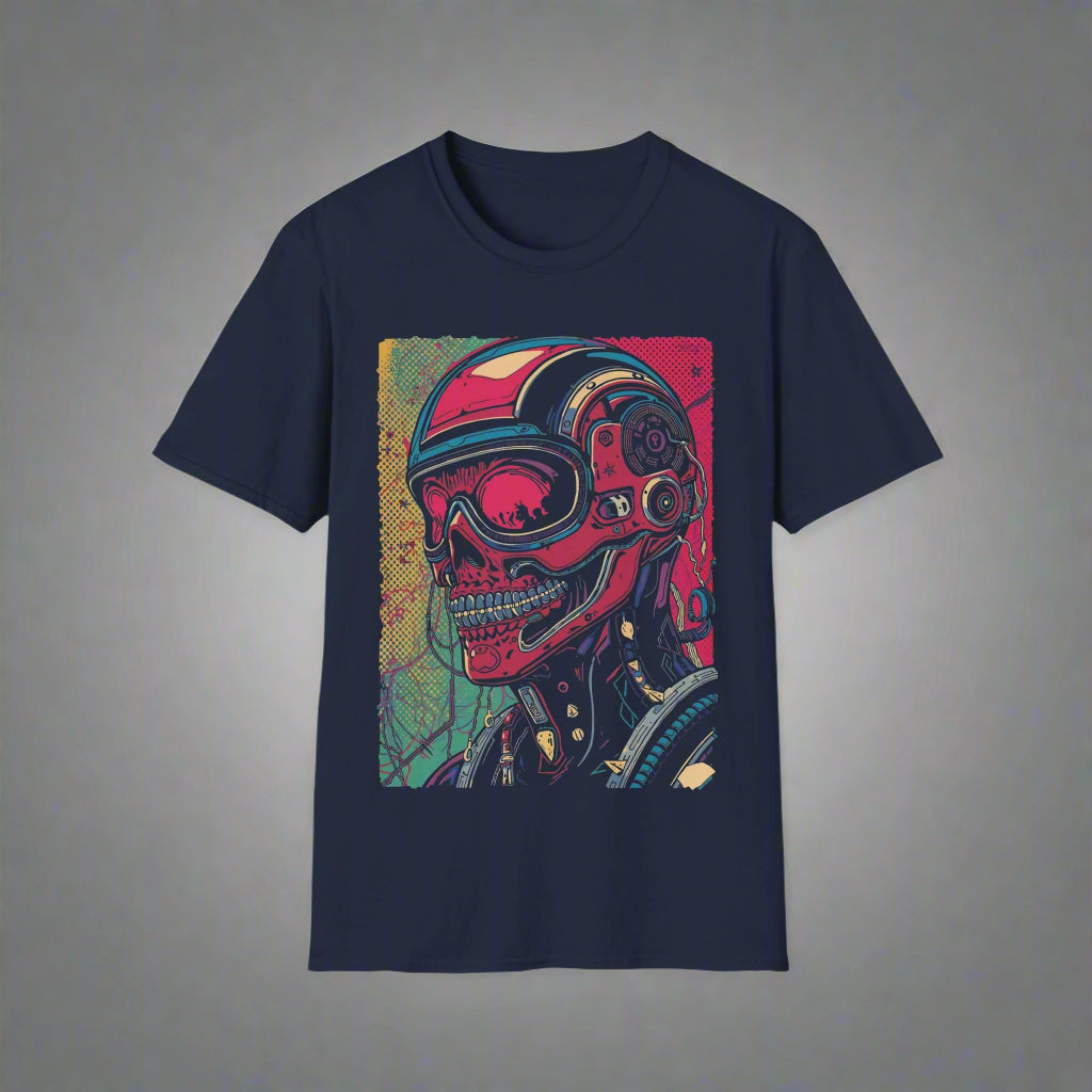 Navy blue t-shirt with a colorful astronaut helmet graphic