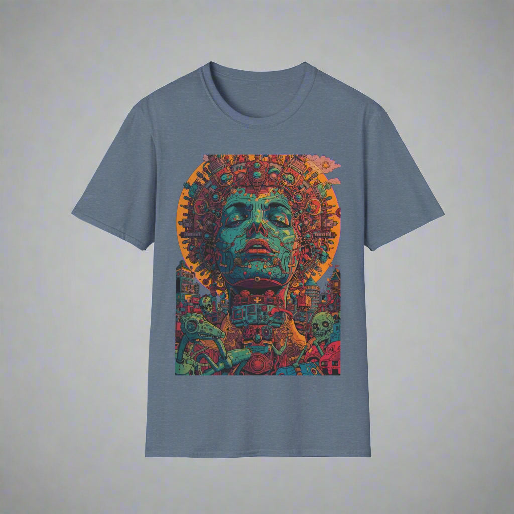 Blue t-shirt with a colorful graphic design