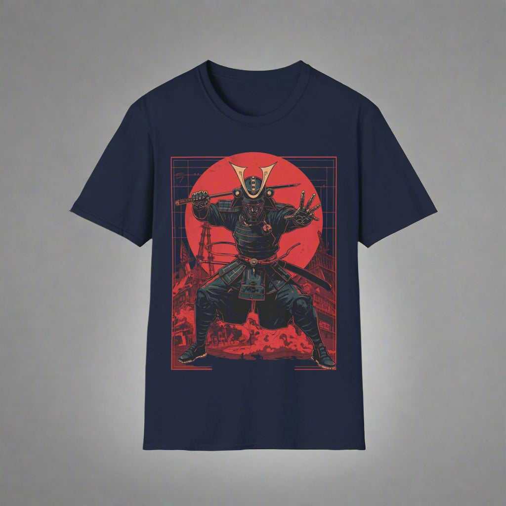 Navy blue t-shirt with a red and black graphic of a warrior