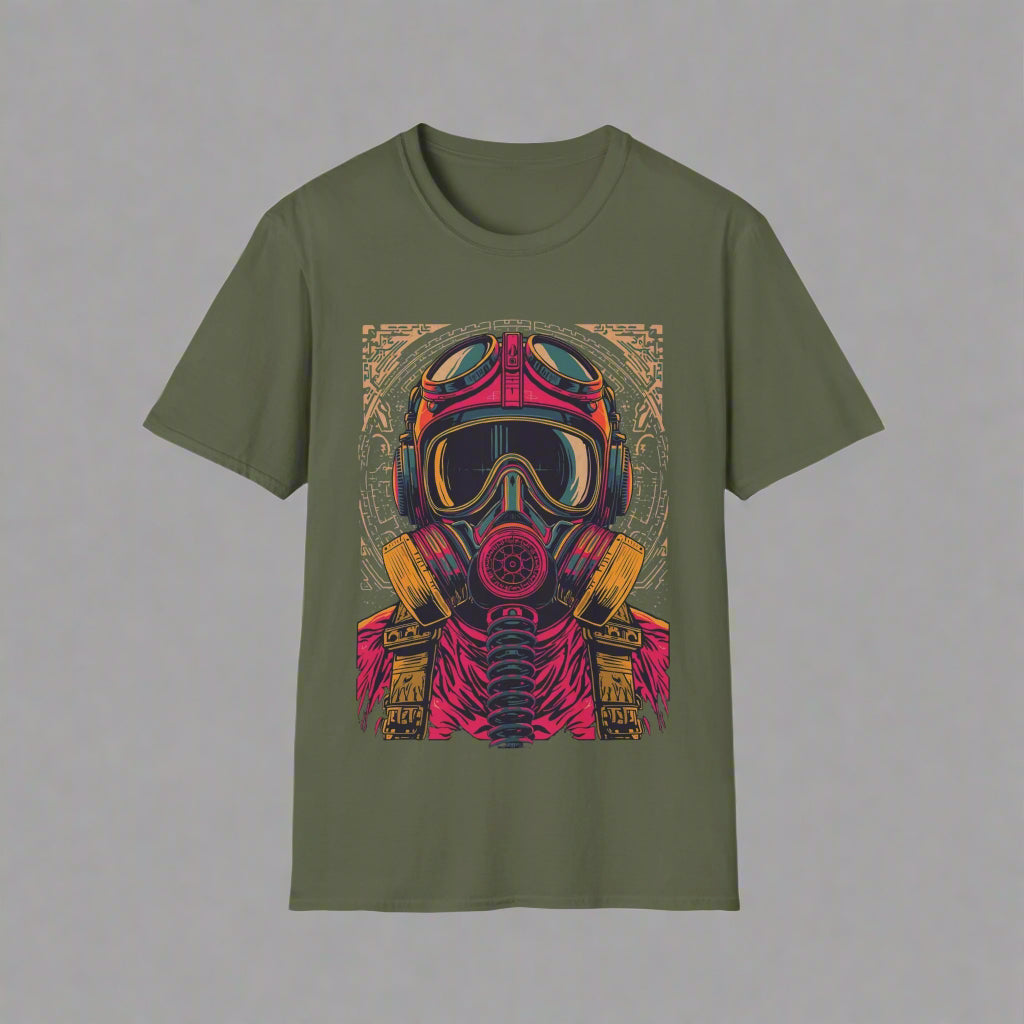 Green t-shirt with a colorful graphic of a helmet and gas mask