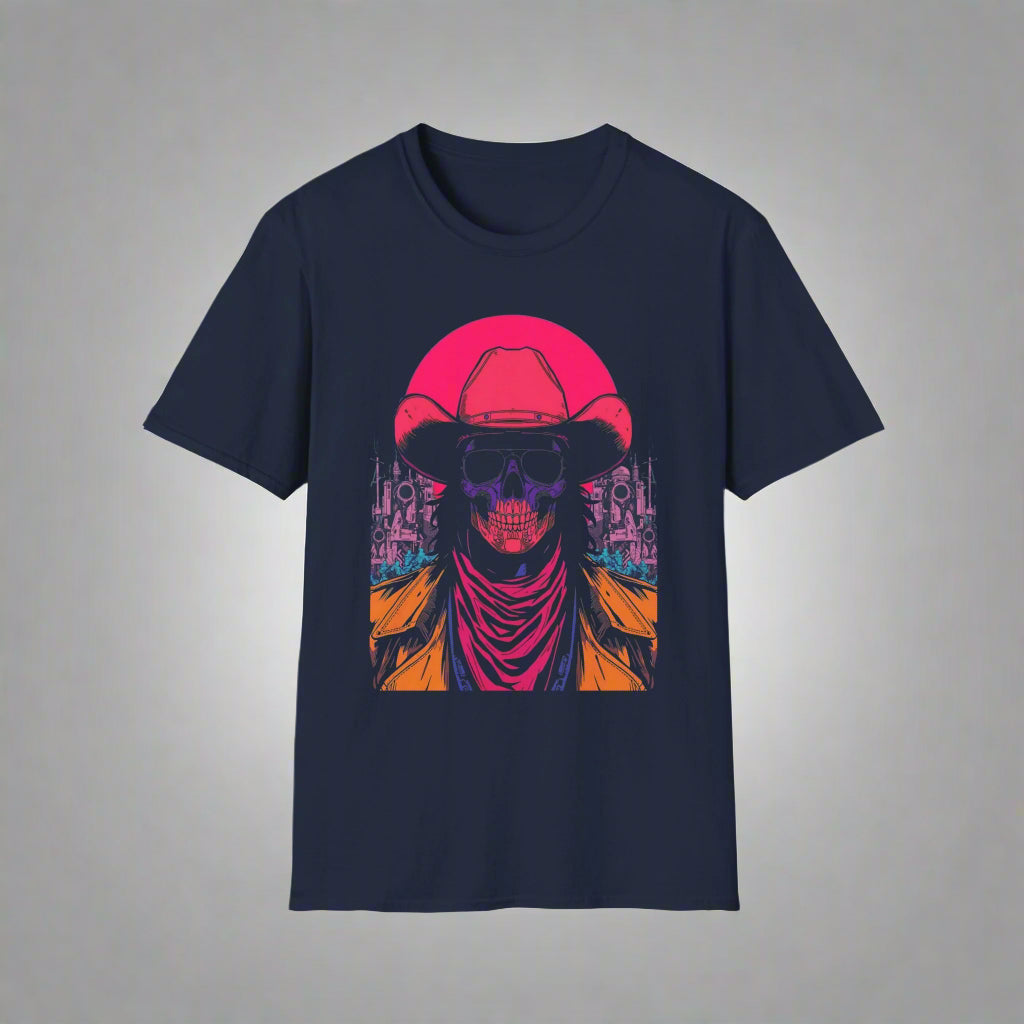 Navy blue t-shirt with a colorful graphic of a skull wearing a cowboy hat
