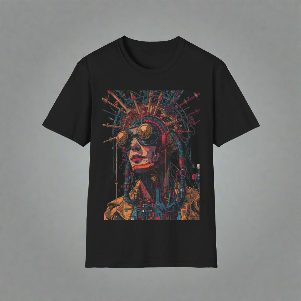 Black t-shirt with a colorful graphic design