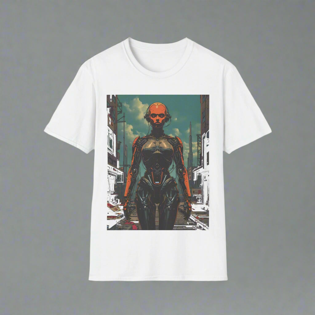 White t-shirt with a graphic of a robot in an urban setting