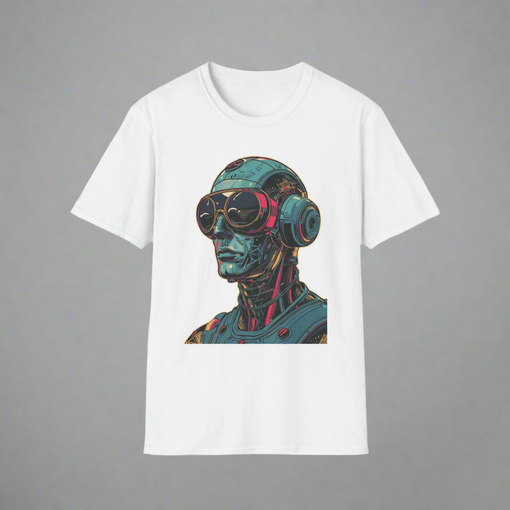 White t-shirt with a robot graphic design