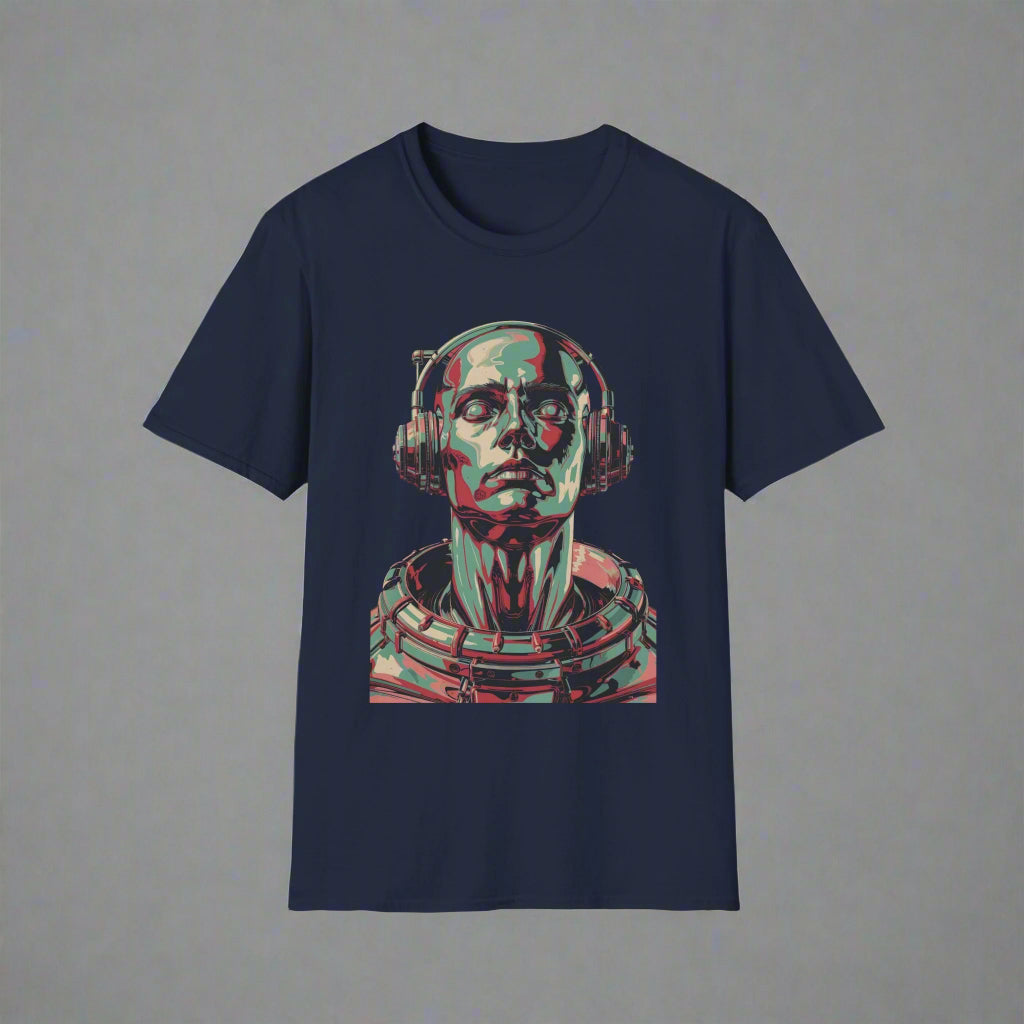 Navy blue t-shirt with a graphic of a robot head