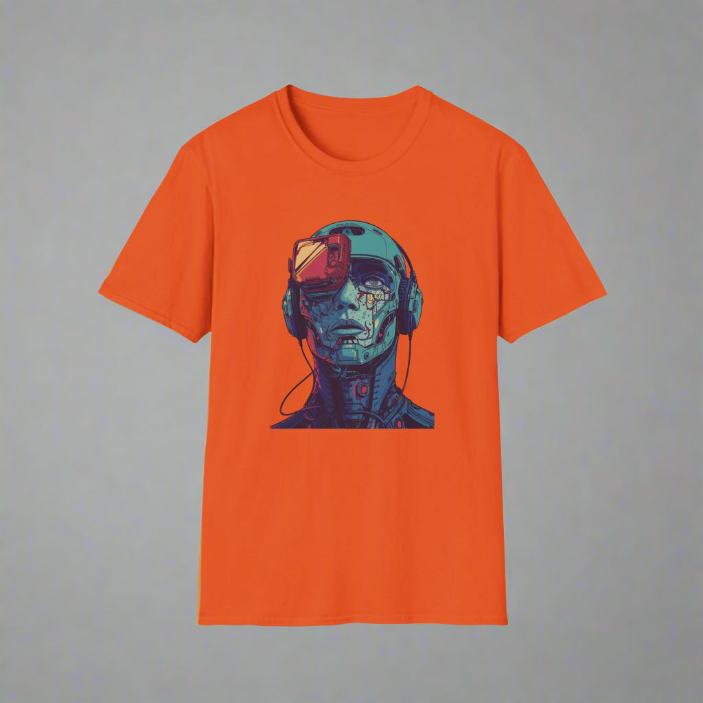 Yellow t-shirt with a graphic of a robot head