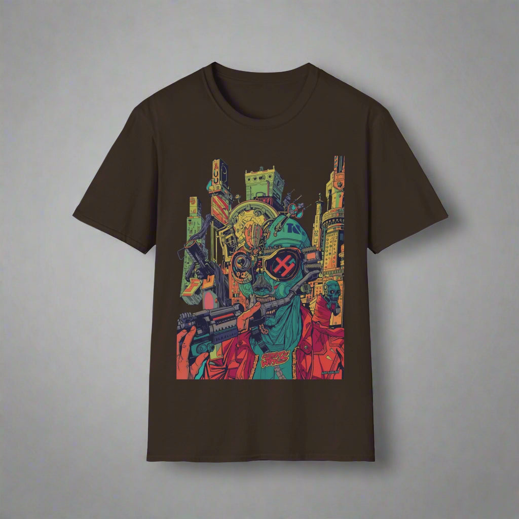 Black t-shirt with a colorful graphic design