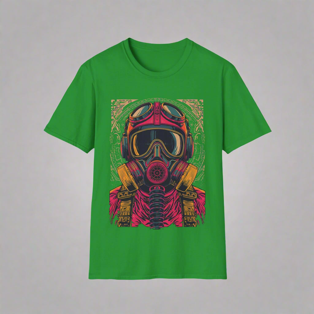 Green t-shirt with a graphic of a person wearing a gas mask