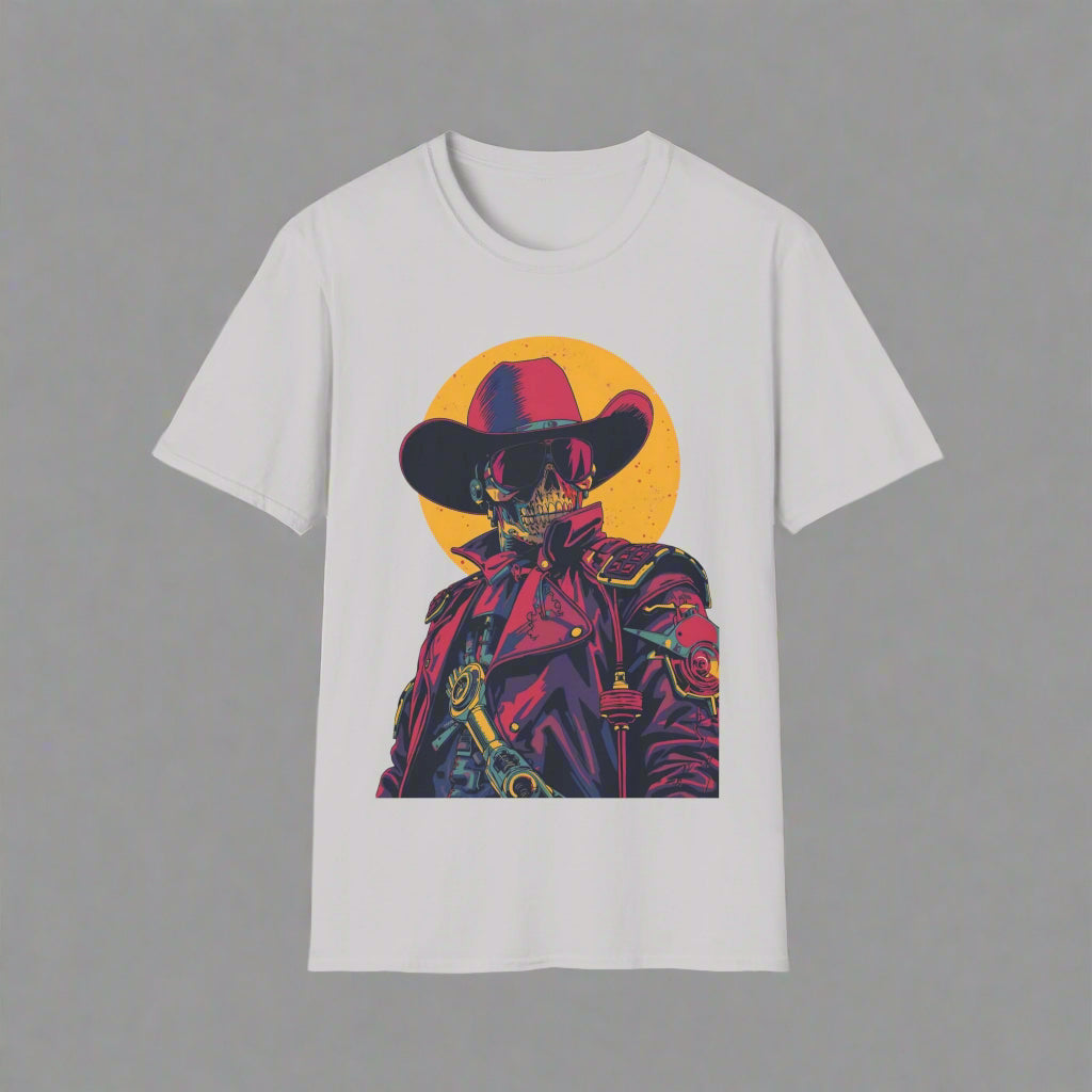White t-shirt with a colorful graphic of a skeleton in a cowboy outfit