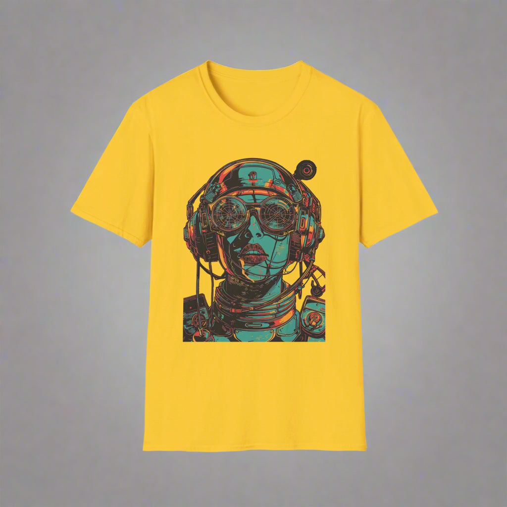 Yellow t-shirt with a graphic design of a person wearing goggles and headphones