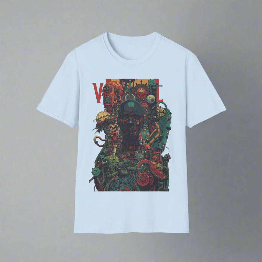 Light blue t-shirt with a colorful graphic design