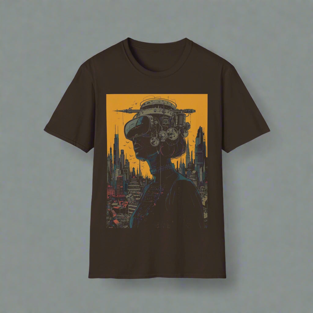 Black t-shirt with a graphic design of a person with mechanical parts and a cityscape