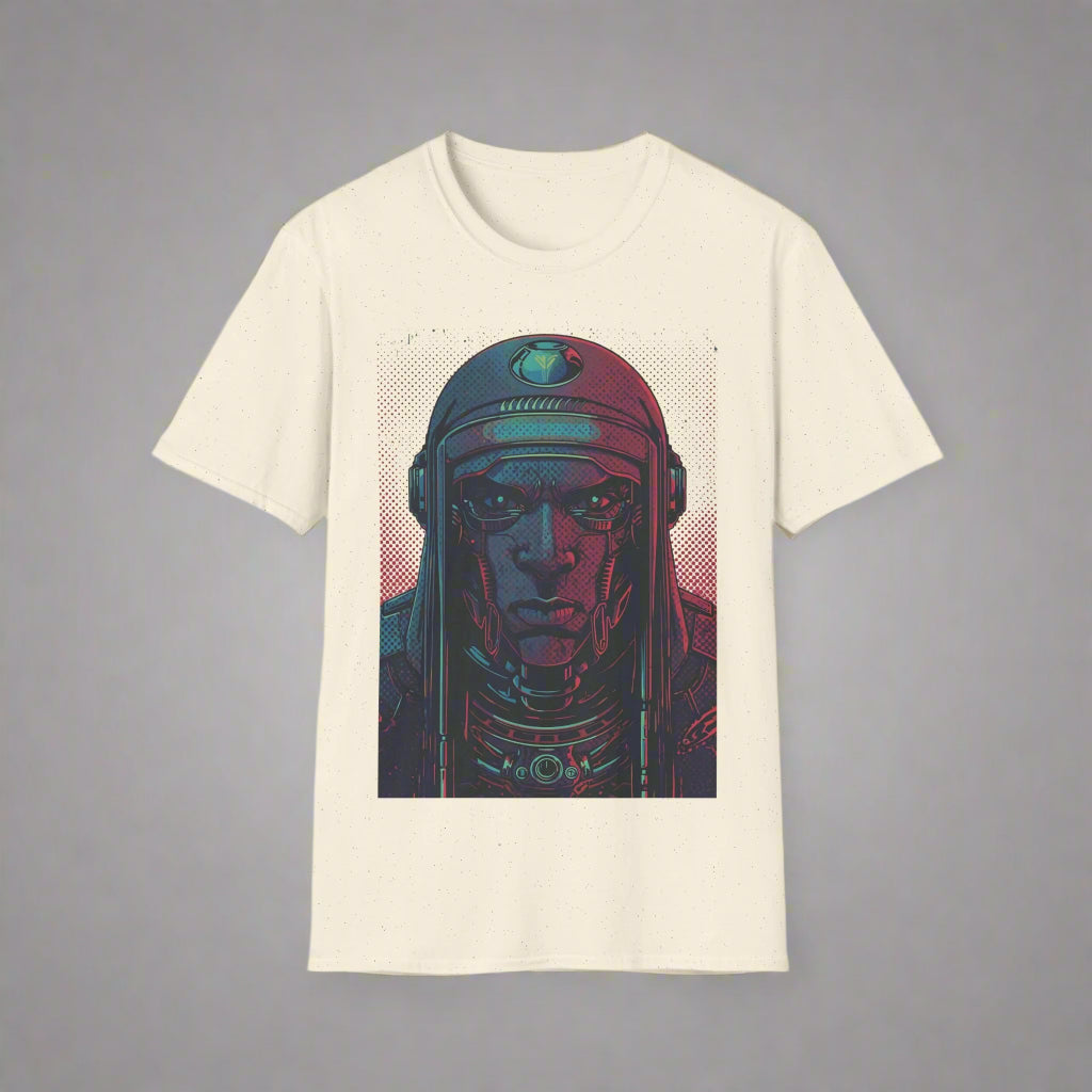 Beige t-shirt with a graphic of a character in a helmet