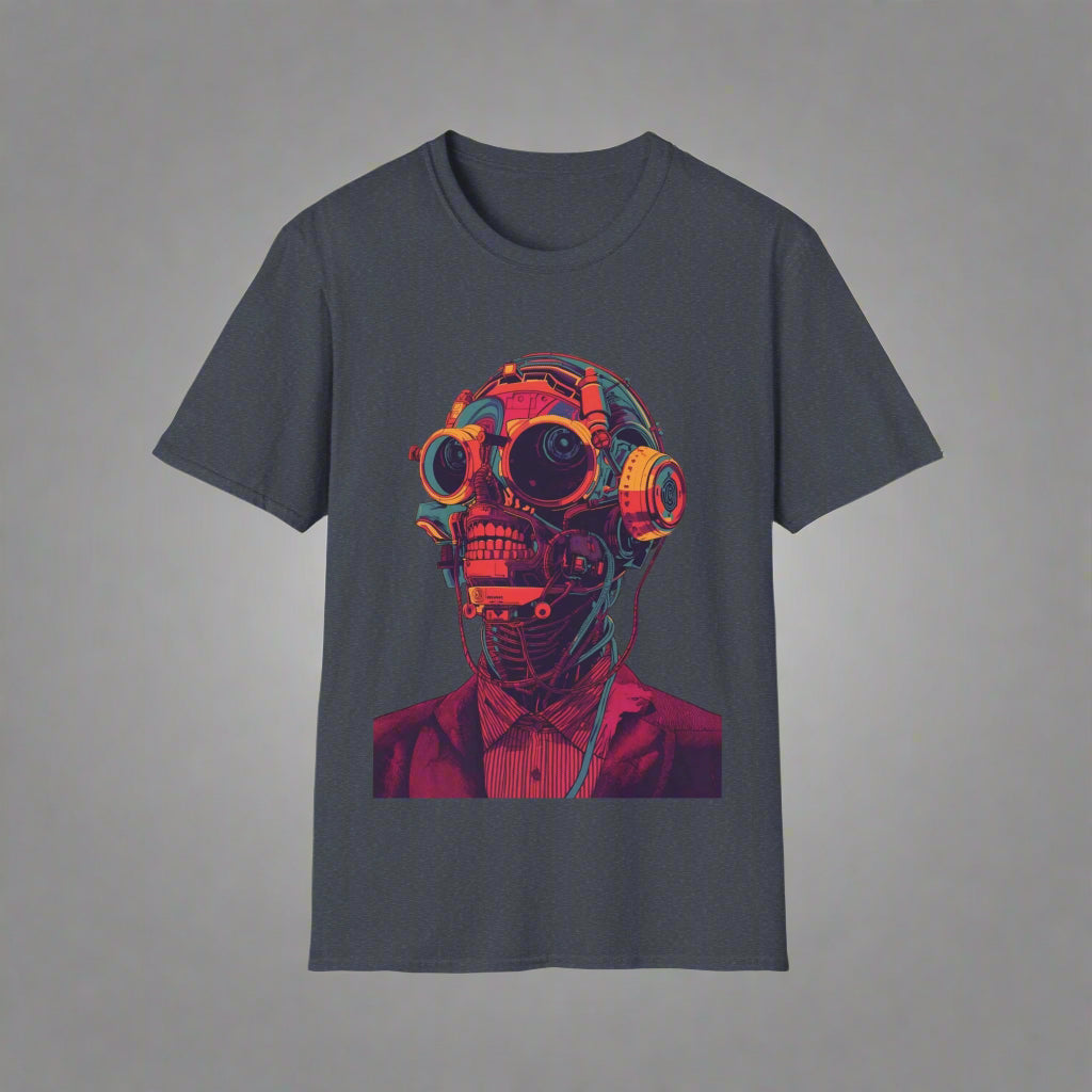 Gray t-shirt with a graphic of a person wearing a gas mask