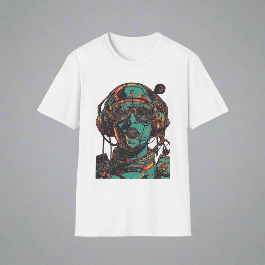 White t-shirt with a colorful graphic design