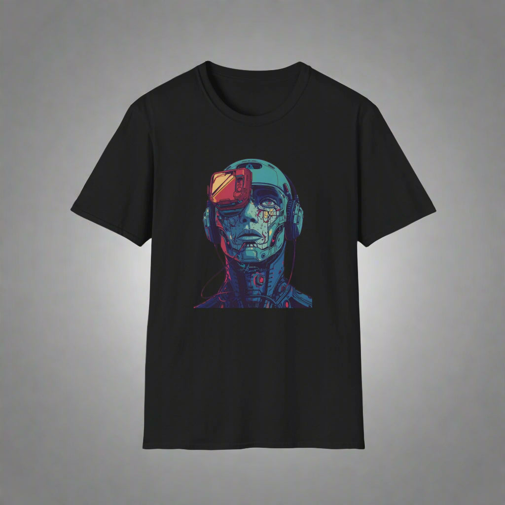 Black t-shirt with a colorful robot graphic