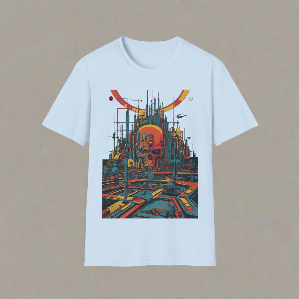 Light blue t-shirt with a colorful abstract design
