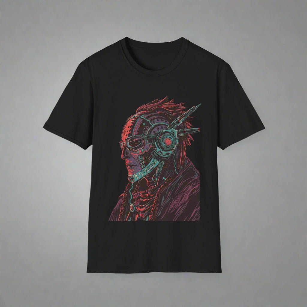 Black t-shirt with a graphic design of a person wearing headphones