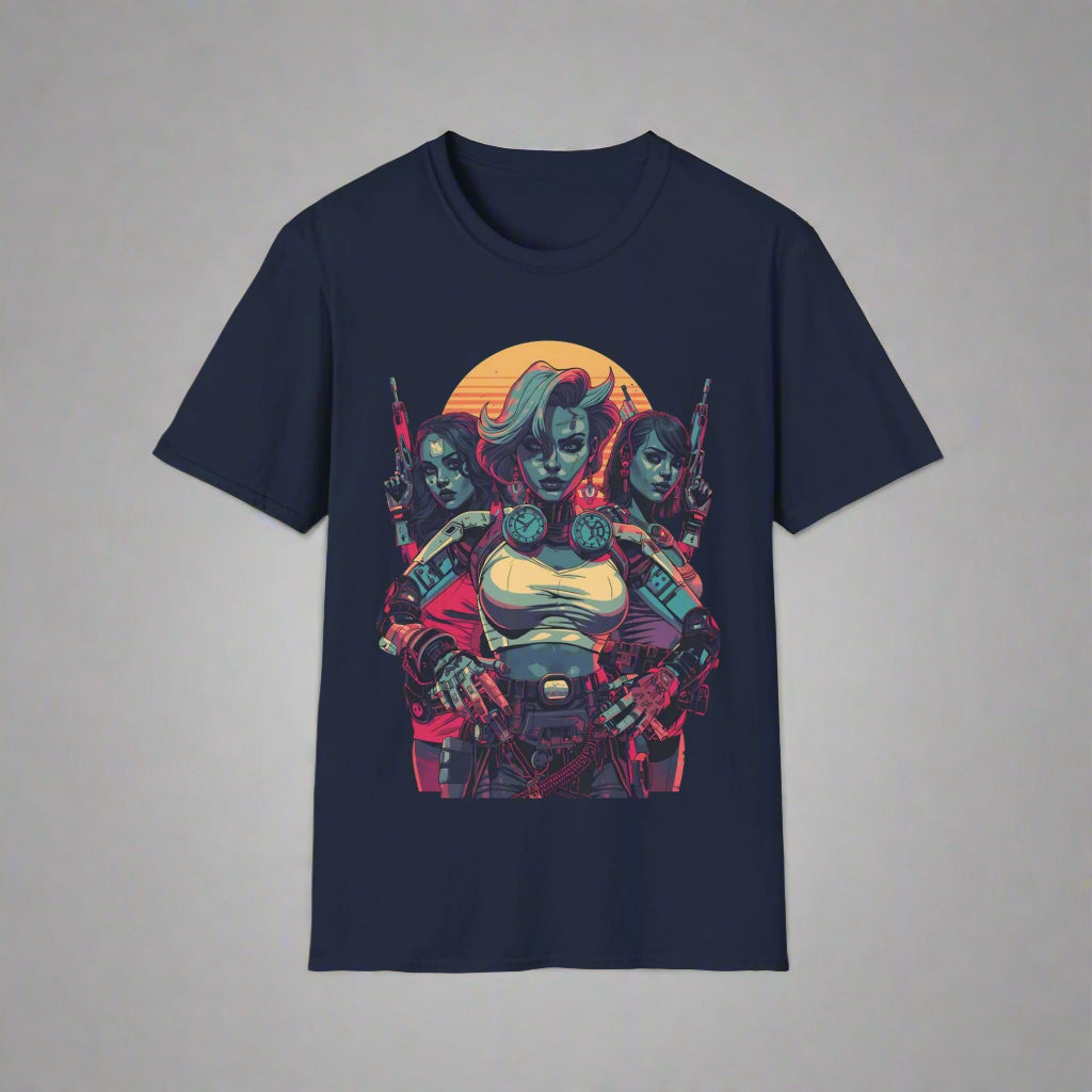 Navy blue t-shirt with a colorful graphic design