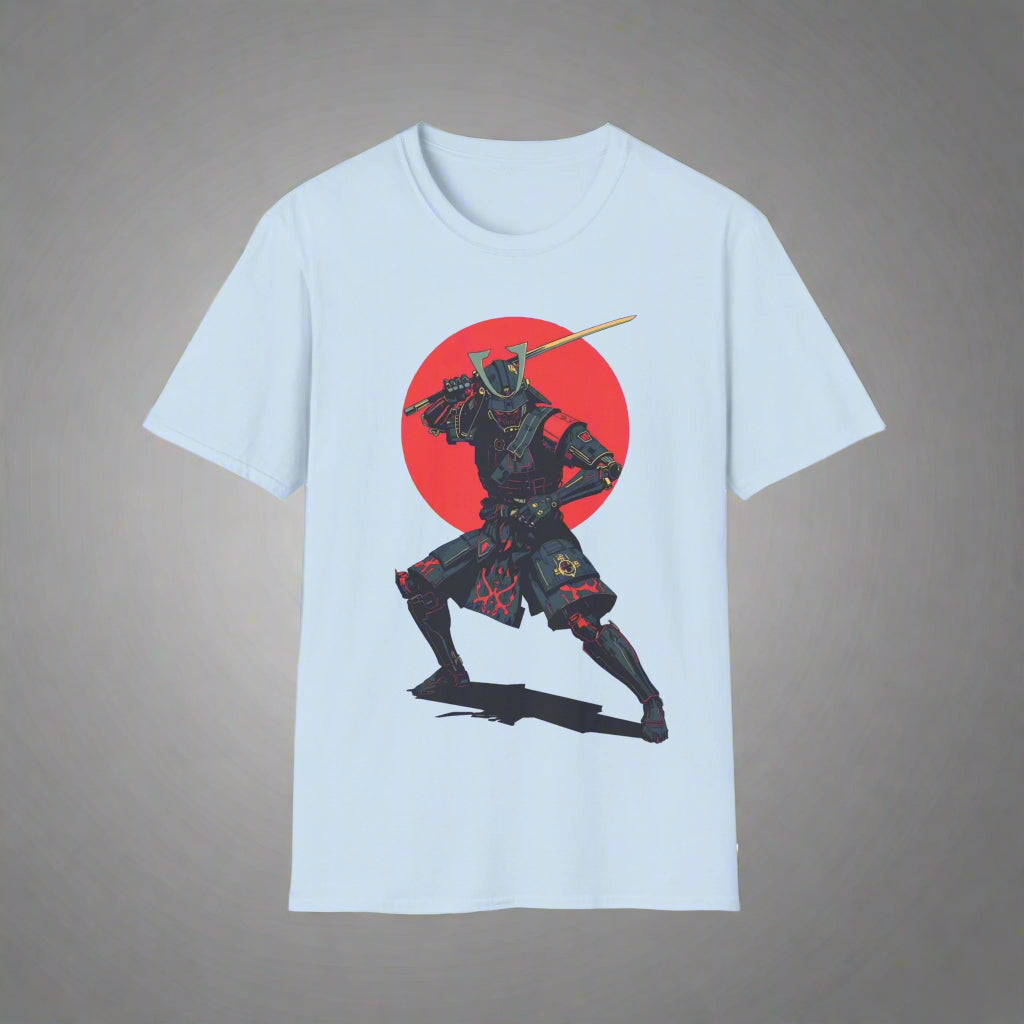 Light blue t-shirt with a black and red graphic of a warrior