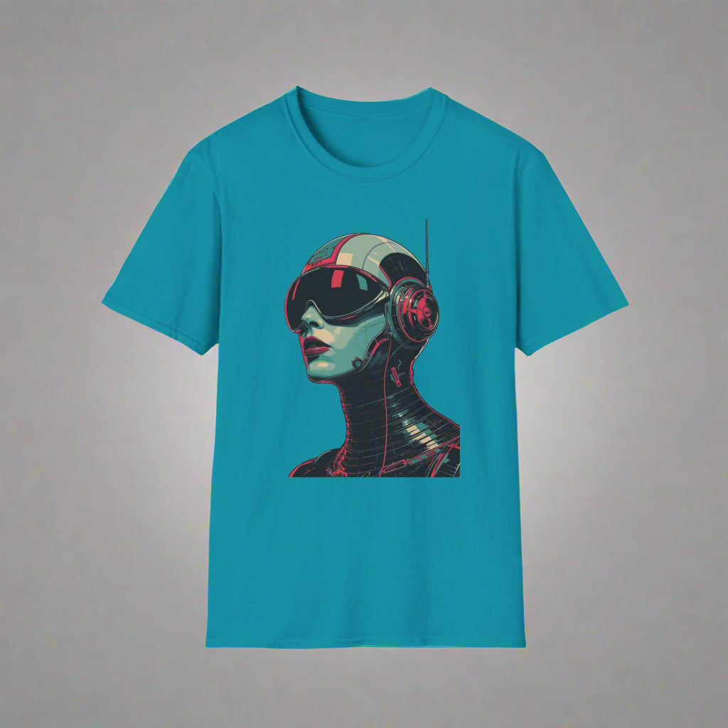 Turquoise t-shirt with a futuristic robot design