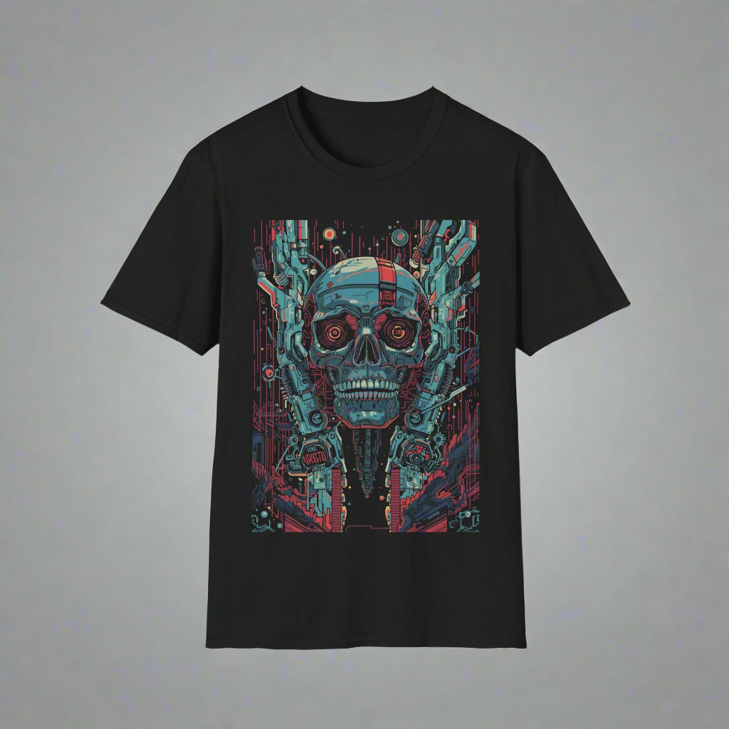 Black t-shirt with a colorful skull and circuit design