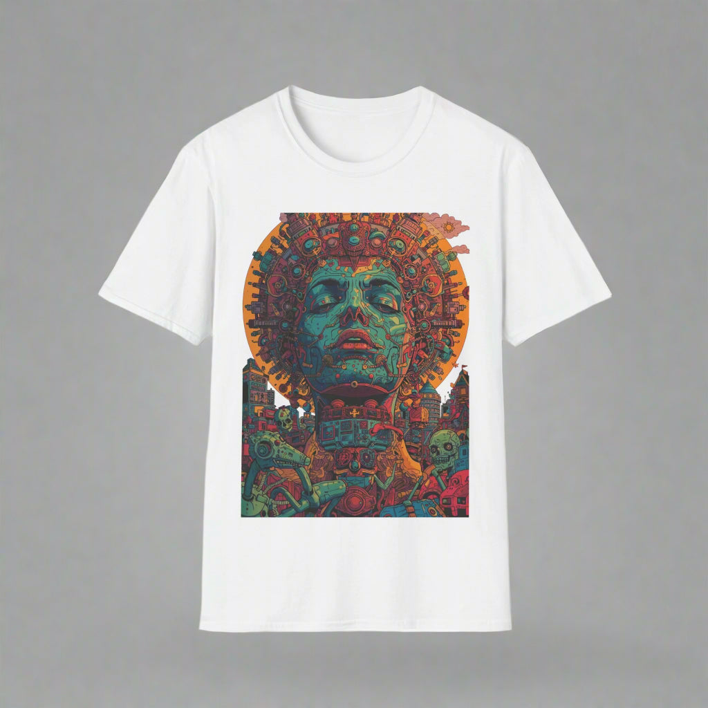 White t-shirt with a colorful graphic design