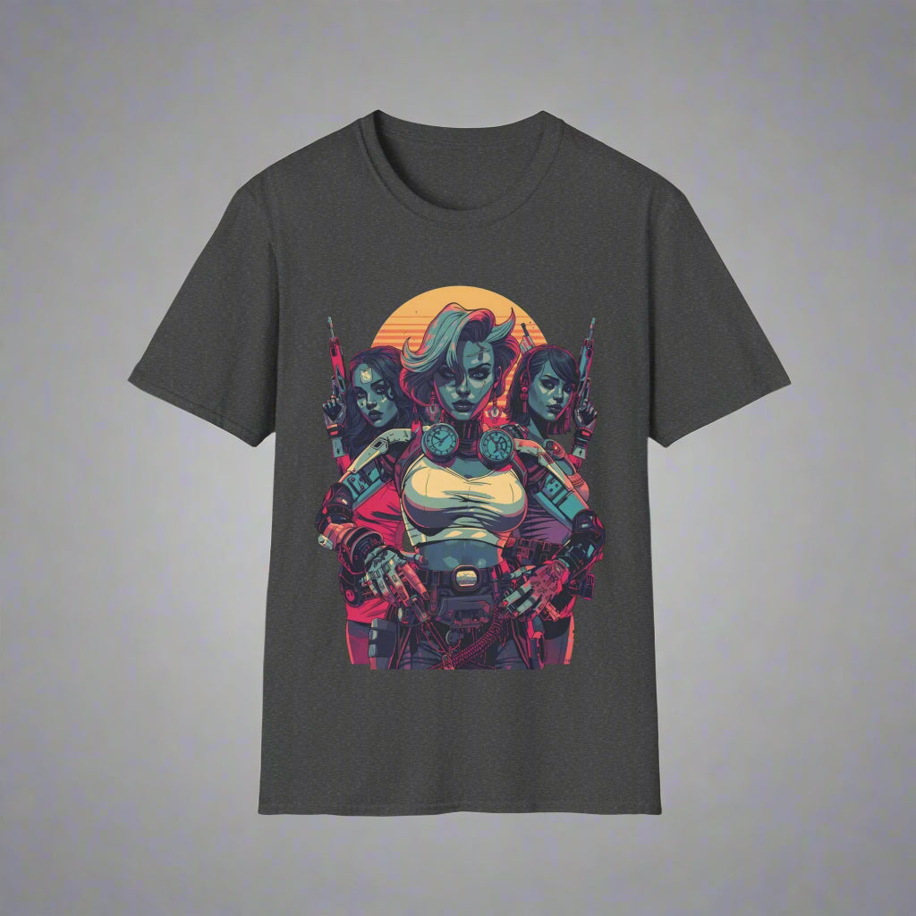 Black t-shirt with a colorful graphic design