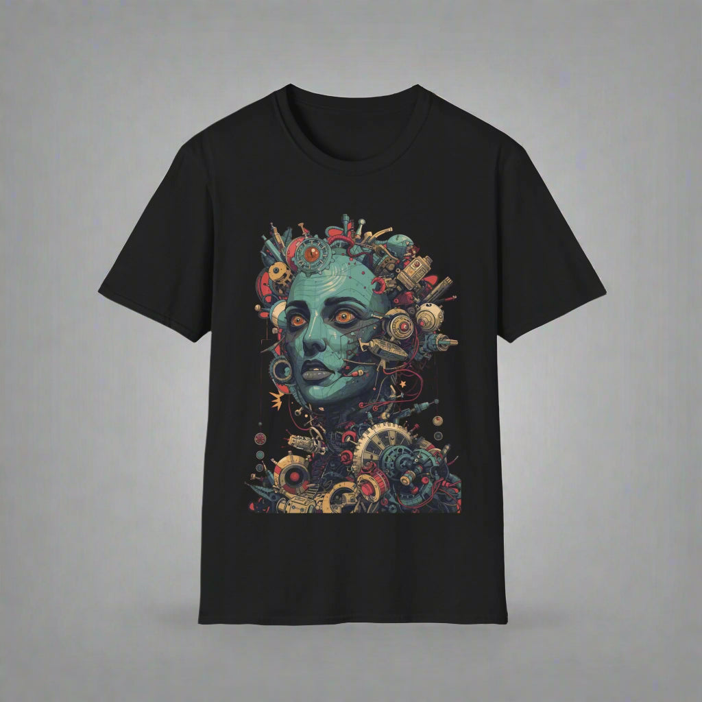 Black t-shirt with a colorful graphic design