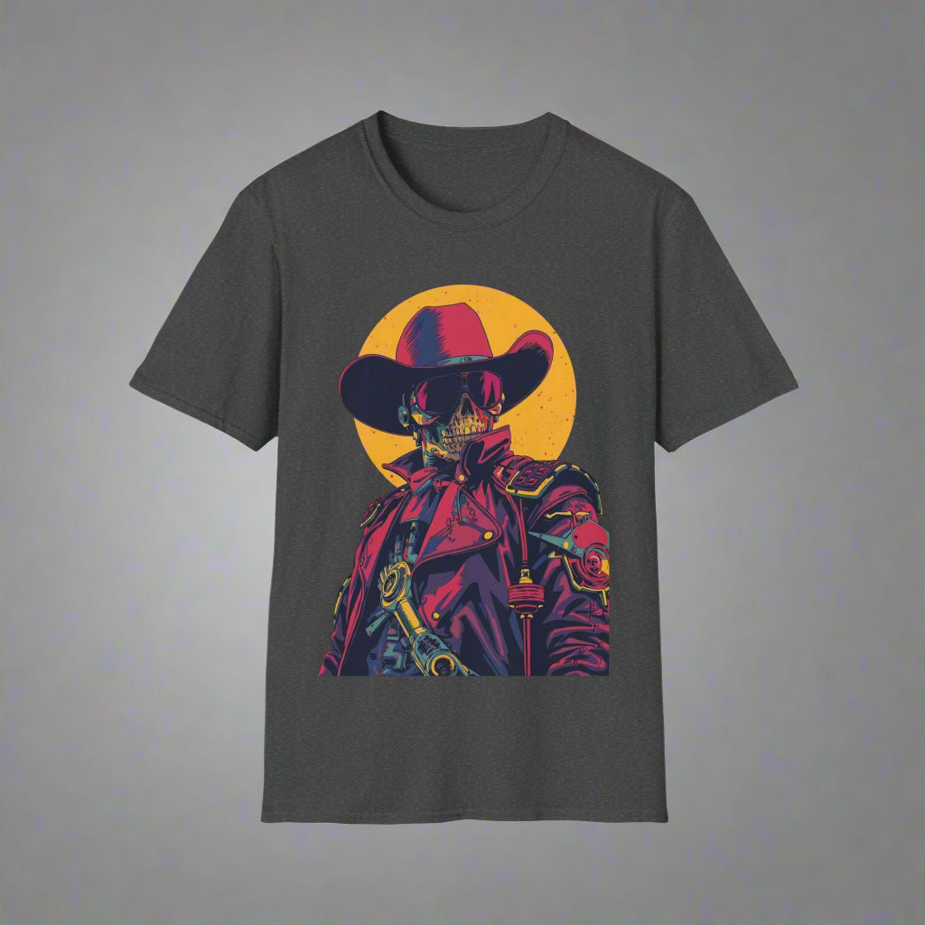 Dark gray t-shirt with a colorful graphic of a skeleton wearing a cowboy hat and coat