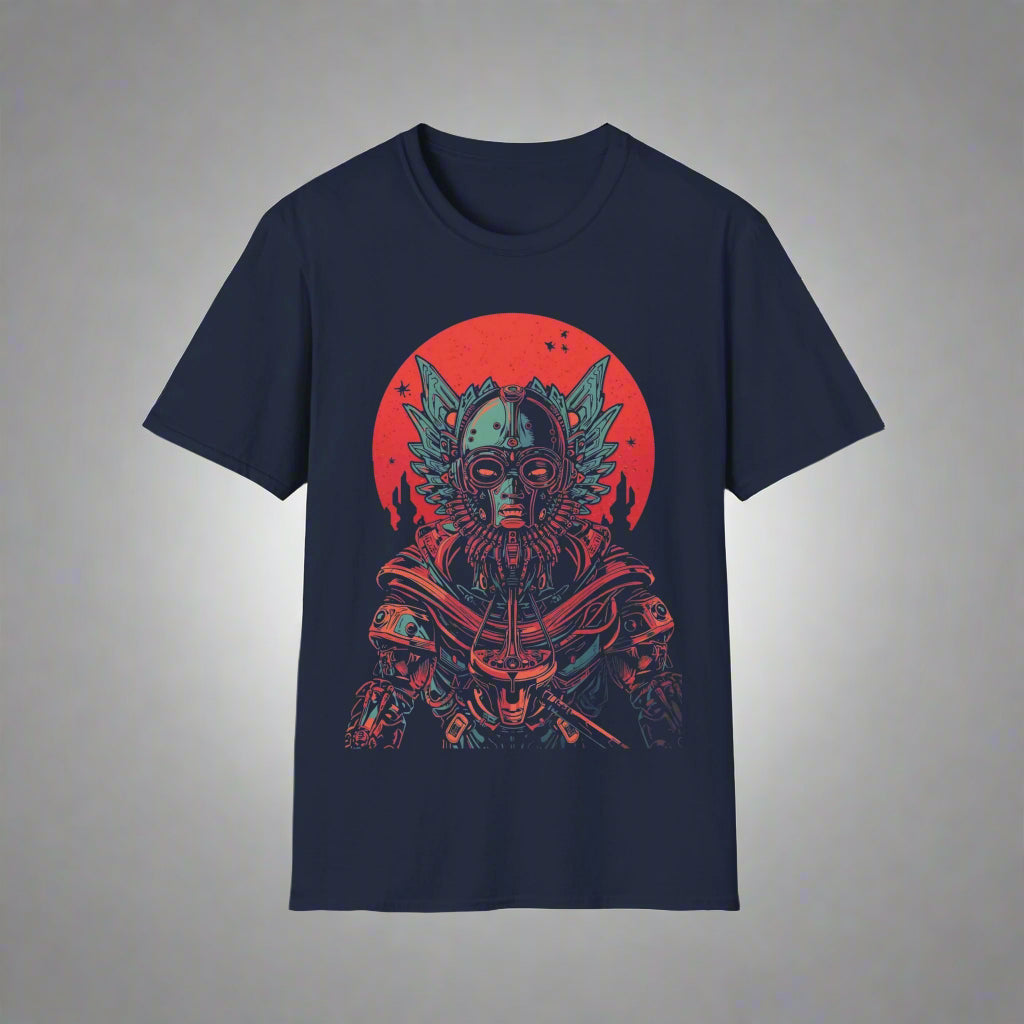 Navy blue t-shirt with a graphic design of a warrior mask