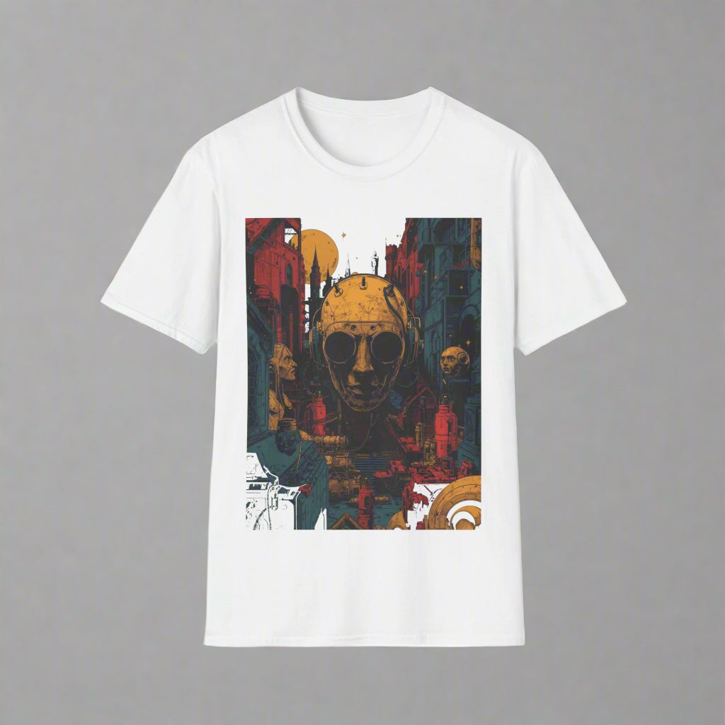 White t-shirt with a colorful graphic design