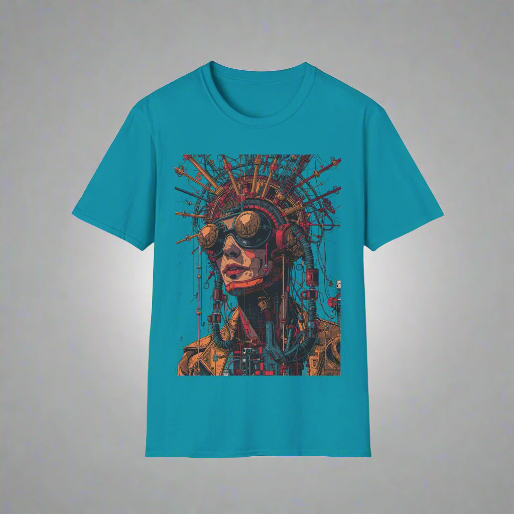 Teal t-shirt with a graphic design of a person wearing goggles