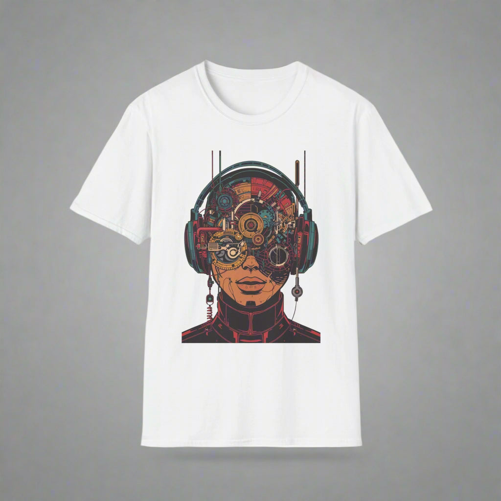 White t-shirt with a graphic design of a person wearing headphones and goggles