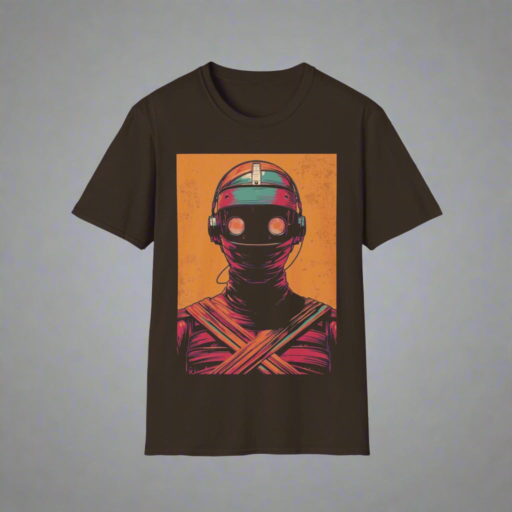 Black t-shirt with a robot graphic on an orange background