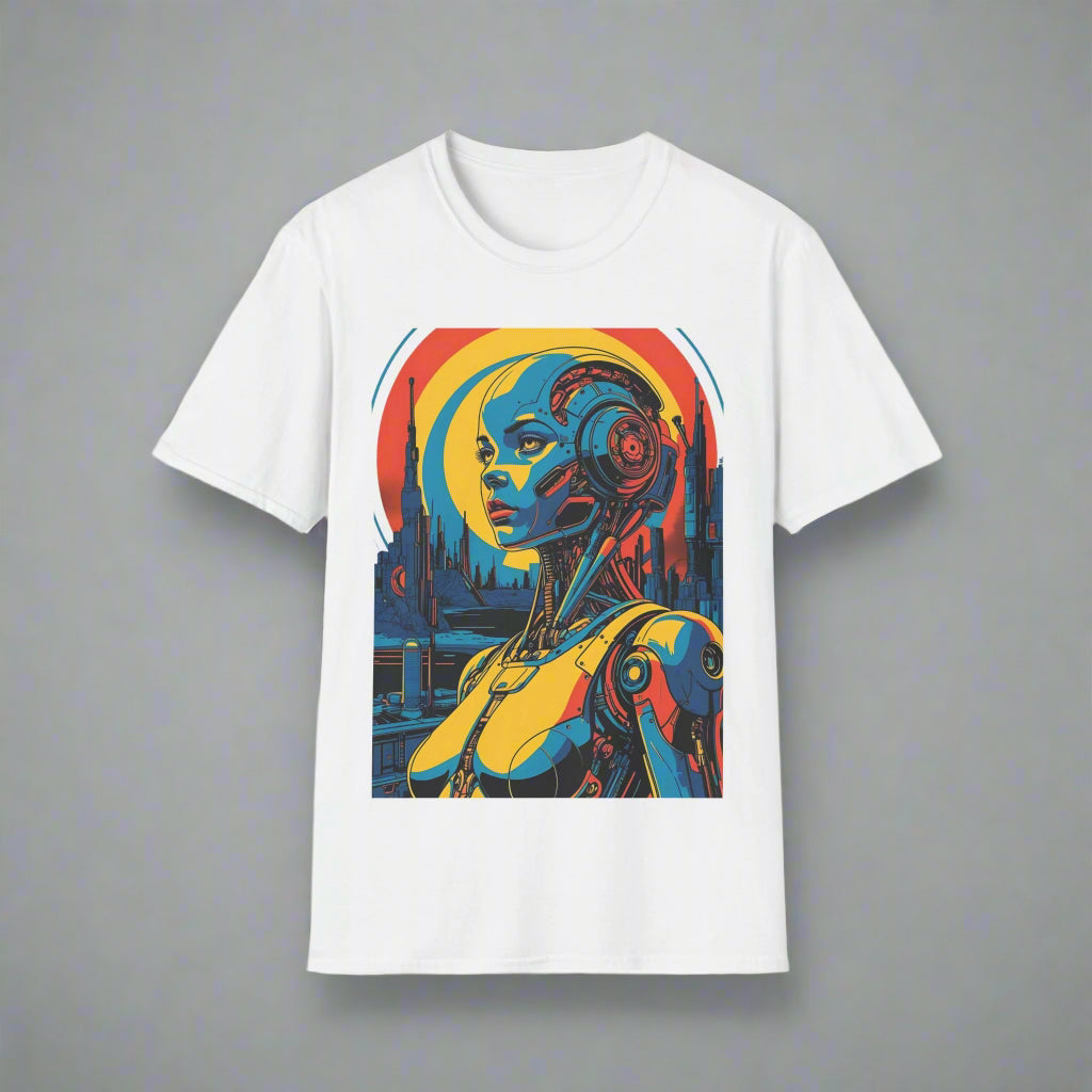 White t-shirt with a colorful robot design