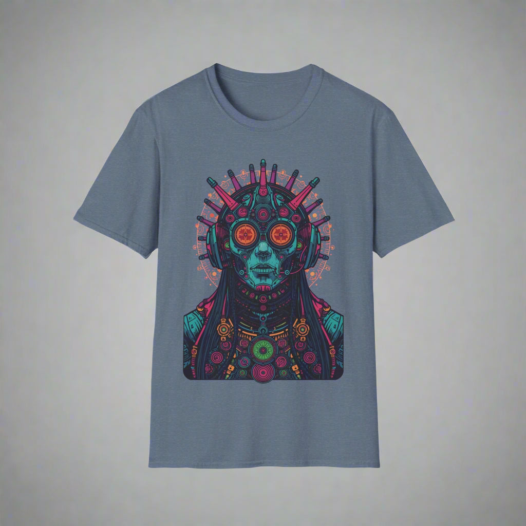 Blue t-shirt with a colorful graphic design